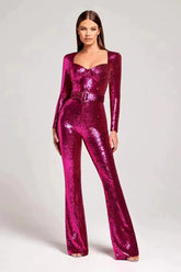 Casual Sequined Long Sleeve Belt Mopping Mid Waist Evening Jumpsuit Mssza