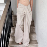 Casual Shirring Loose Fit Zipper Fly Folds Non Stretch Straight Pants Mssza