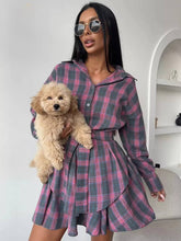 Casual Shirt With High Waist Mini Skirt Loose Plaid 2 Piece Sets Mssza