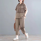 Casual Short Sleeve Loose Large Size Stripes Hooded T Shirt Straight Pants 2 Piece Set Mssza