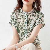 Casual Short Sleeve Stand Collar Flower Printed Blusas Tops Mssza