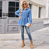 Casual Single Breasted Pockets Long Sleeve Jean Raw Hem Denim Shirts Mssza