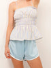 Casual Sleeveless Strap Backless Striped Print Tops And Ruffles Hem Vest Shorts Mssza