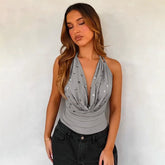 Casual Solid Color Collar Deep V Neck Lace-Up Button Backless Tank Top Mssza