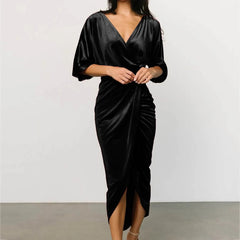 Casual Solid Velvet Pleated Elegant Irregular Evening Draped Commuter Dress Mssaz Desses