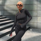 Casual Split Long Sleeve Crop Top Long Pants Two Piece Sets Mssza