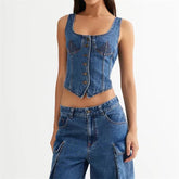 Casual Square Collar Single Breasted Sleeveless Jeans And Top Two Piece Outfit Mssza