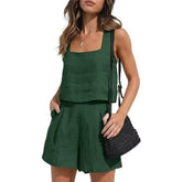 Casual Square Neck Sleeveless Cotton Linen Shorts Exposure Trendy Top 2-piece Set Mssza