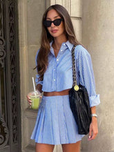 Casual Striped Print Button Crop Tops And High Waist Pleated Skirts 2 Pieces Sets Mssza
