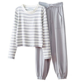 Casual Striped Shirts High Waist Jogger Pants 2 Pcs Sets Mssza