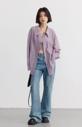Casual Thin Long Sleeve Slightly Solid Design Loose Shirt Mssza