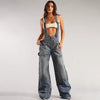 Casual V-Neck Adjustable Straps Loose Baggy Cargo Jean With Pockets Jumpsuits Mssza