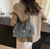 Casual Versatile Trendy All-Match Daily Travel Work Denim Chain Tote Bag Mssza