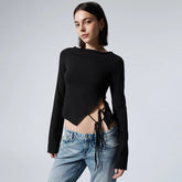Causal Round Neck Long-Sleeved Irregular Solid Color Tie Hollowed Out Tops Mssza