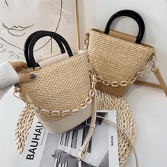 Chain Woven Bucket Bag Crossbody Bags for Women Casual Handbags for Women Messenger Bag Beach Bags Straw Basket Ladies Straw Bag Mssza