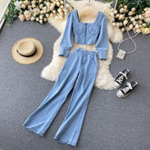 Chic Long Sleeve Zipper Tops+High Waist Wide Leg Long Pants Two Pieces Set Mssza
