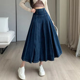 Chic Pleated High Waist Long Washing Straight Loose Denim Midi Skirts Mssza