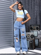 Classic High Waist Button Up Butterfly Print Ripped Straight Jeans Mssza