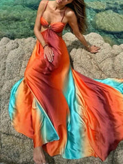 Unique Colorful Gradient Suspender Maxi Dress Mssaz Desses