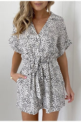 Collar buttons bat sleeve tie leopard short jumpsuits Mssza