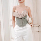 Colorblock Spliced 3D Flower Irregular V Neck Sleeveless Patchwork Lace Up Vest Top Mssza