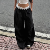 Contrast Lace Stitching Wide Leg Streetwear Low Rise Loose Trousers Mssza