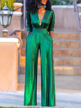 Deep V-neck High Waisted Three-Quarter Sleeves Solid Color Party Wide Leg Jumpsuits Mssza