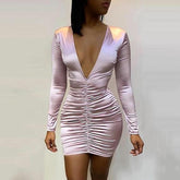 Deep v-neck ruched design satin dress Mssaz Desses