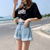 Denim High Waist Cotton Wide-leg Student Mini Jean Shorts Mssza