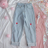 Denim High-Waisted Loose Love Heart Embroidery Ankle-Length Pants Mssza