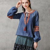 Denim Shirts Long Lantern Sleeve Embroidery Blouses Tops Mssza