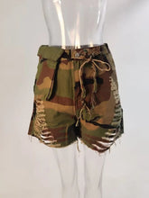 Denim Shorts High Waist Loose Straight Camouflage Tassels Hollow Out Short Mssza