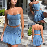 Denim Skirt Sets Strapless Crop Tops And Mini Skirt Club Party Pleated Skirt Two Piece Set Mssza