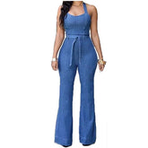 Denim Solid Sleeveless Halter Wide Leg Long Pants Overalls Slim Fit High Waist One Piece Jumpsuits Mssza