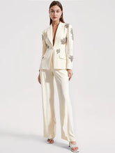 Diamonds Beaded Single Button Blazer Wide Leg Pants 2 Pieces Pantsuits Mssza