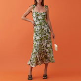 Elegant Ruffle Hem Beach Dress Sweetheart Neck Tie Strap Midi Dress Mssaz Desses