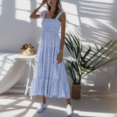 Dot Square Neck Pleated Long Holiday Beach Casual Boho Dress Mssaz Desses