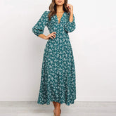 Offer Liquidation V-Neck Long Sleeved High Waisted Chiffon Print Holiday Boho Dress Mssaz Desses