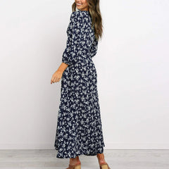 Offer Liquidation V-Neck Long Sleeved High Waisted Chiffon Print Holiday Boho Dress Mssaz Desses