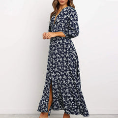 Offer Liquidation V-Neck Long Sleeved High Waisted Chiffon Print Holiday Boho Dress Mssaz Desses
