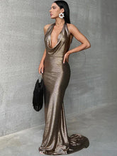 Glitter Halter V Neck Backless Party Evening Birthday Elegant Prom Maxi Dress Women Mssaz Desses