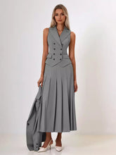 Elegant Double-breasted Lapel Vest And Pleated Long Skirt Two Piece Set Mssza