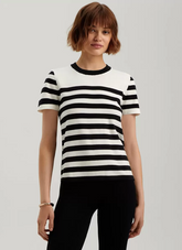 Elegant Short Sleeves Tees Acrylic Stripes Jewel Neck T Shirt Mssza