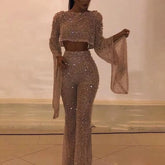 Elegant Flare Sleeve O Neck Cut Out Waist Backless Shiny Sequin Jumpsuits Mssza