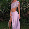 Elegant Flowers Skew Collar Lace Up Tank Crop Tops And Split Maxi Skirts 2 Piece Set Mssza