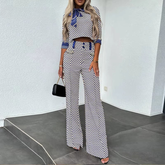 Elegant Half Long Sleeves Scarf Collar Top Bottoms Straight Pants Sets Mssza