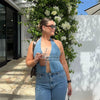 Elegant Hollow Out Halter Cowboy Robe Sleeveless Denim Top Mssza