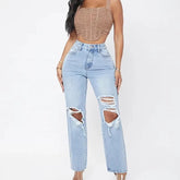 Elegant Hollow Out High Waist Pencil Wide Leg Streetwear Denim Trousers Mssza