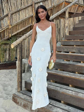 Knitted Beach 3D Floral Slim Strap Backless Party White Long Evening Maxi Dress Mssaz Desses