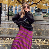 Elegant Knitting Bronzing Stripe Zipper High Waist Mid Calf Skirts Mssza